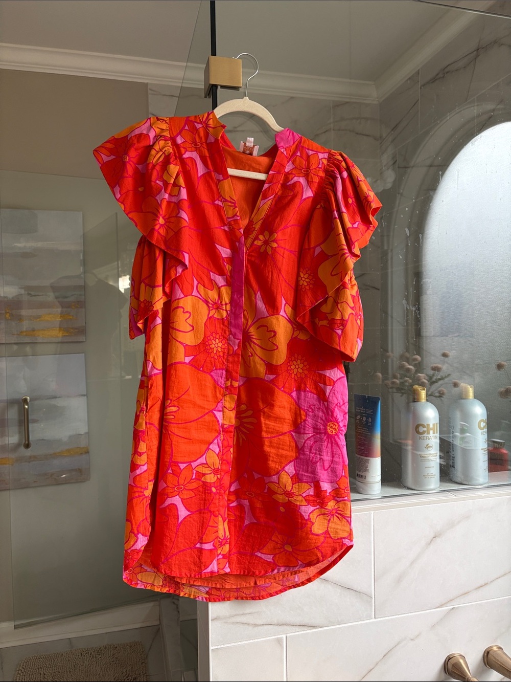 Bright Orange & Pink Floral Ruffle Women’s Dress